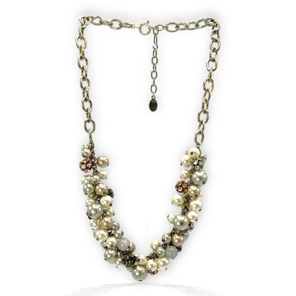 LOFT Gold Tone Imitation White Pearl Pink Crystals Cluster Beaded Bib Necklace - Picture 1 of 4